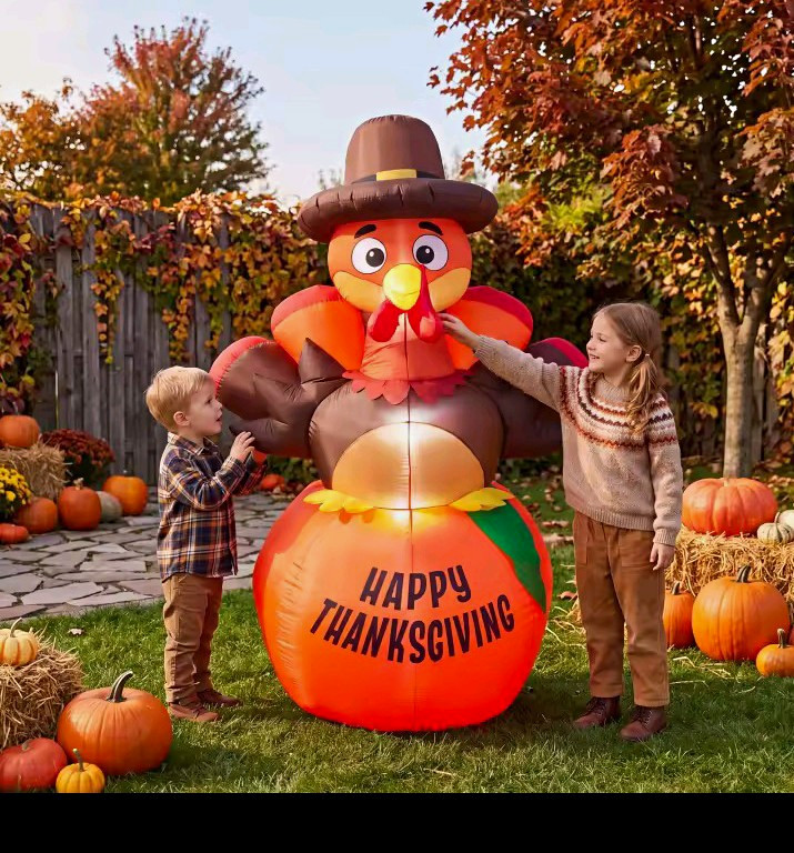 6ft Thanksgiving Inflatable Pumpkin Turkey With 7 Led Lights, Blow Up Outdoor WW