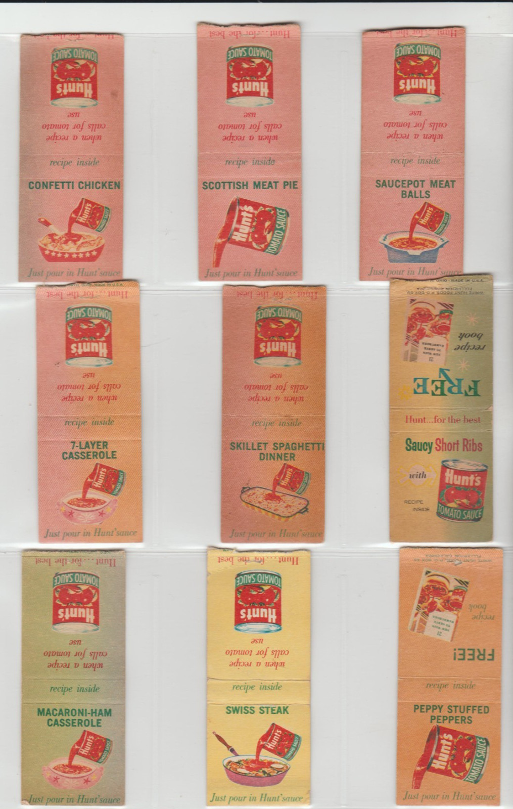 VINTAGE HUNT'S TOMATO SAUCE RECIPE MATCHBOOK 18 COVERS 1.50 EACH VINTAGE HUNT'S TOMATO SAUCE RECIPE MATCHBOOK 18 COVERS 1.50 EACH