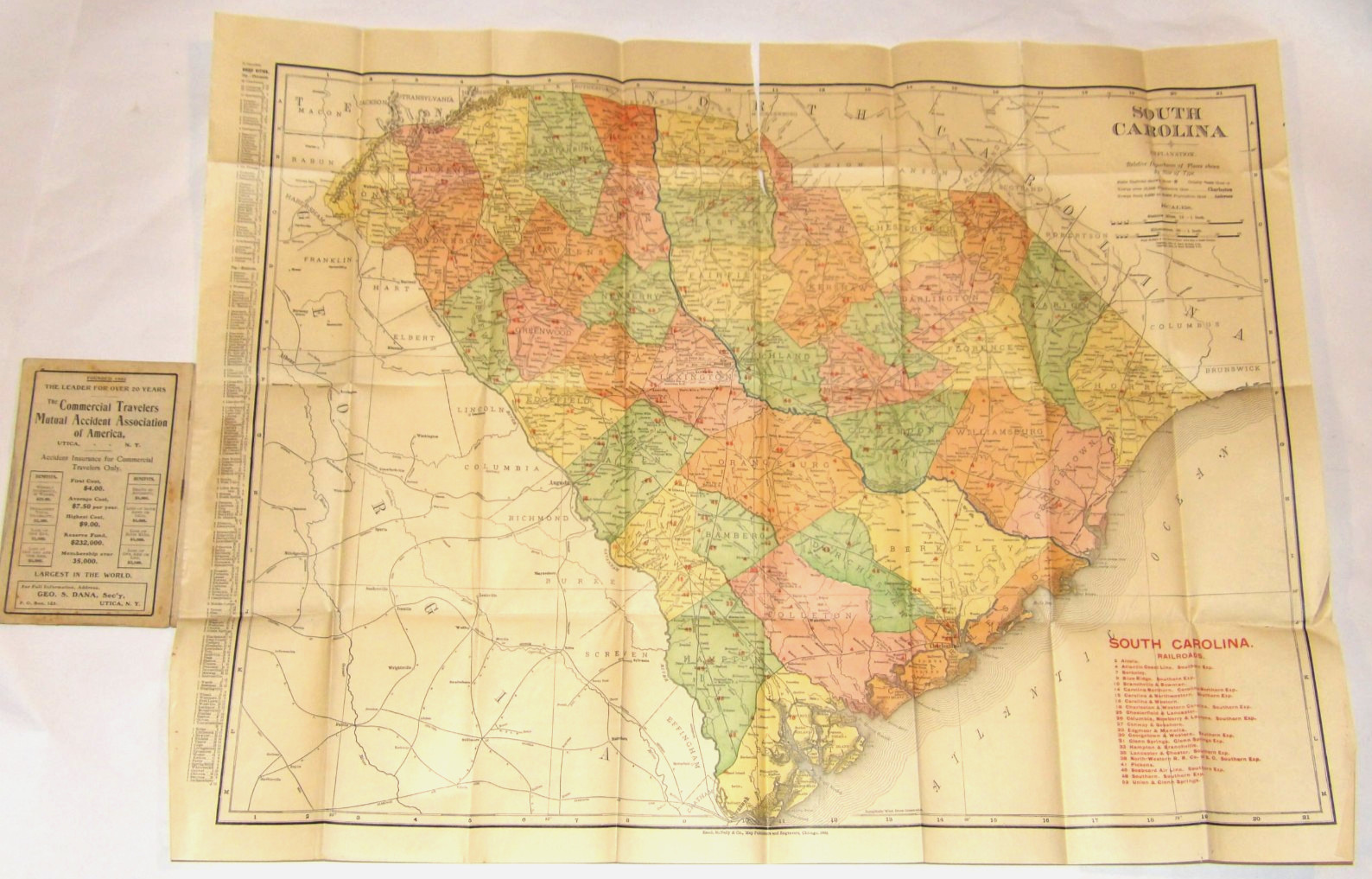 VTG 1904 SOUTH CAROLINA SC RAND McNALLY POCKET MAP ROADS/RAILROADS/POPULATIONS