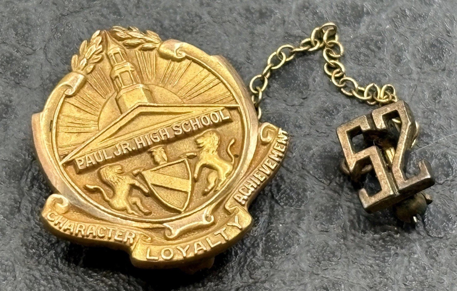 Vintage Paul Jr. High School Pin 1952 Crest Badge Gold Filled