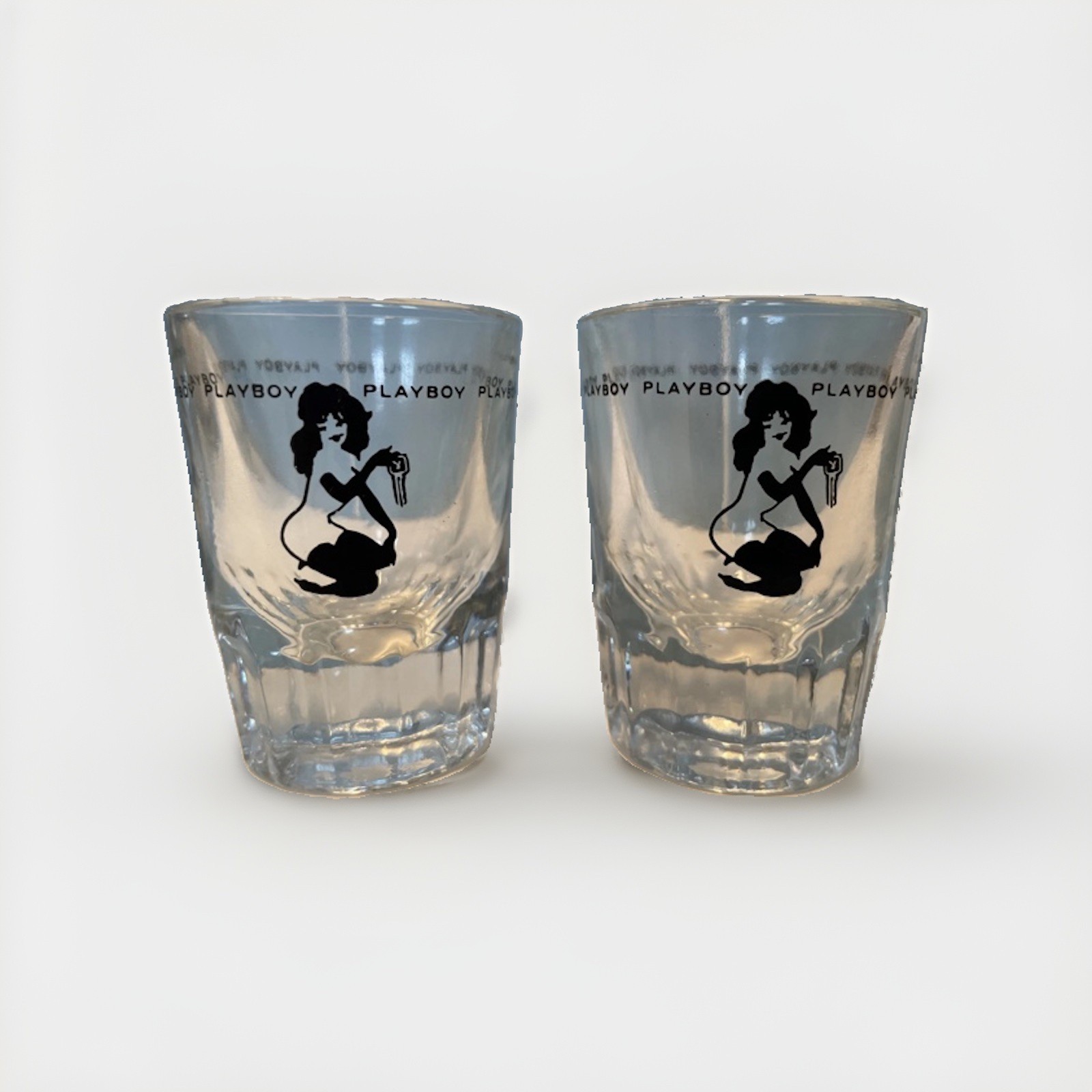 Pair (2) of Vintage PLAYBOY Bunny Key Logo Shot Glass Heavy