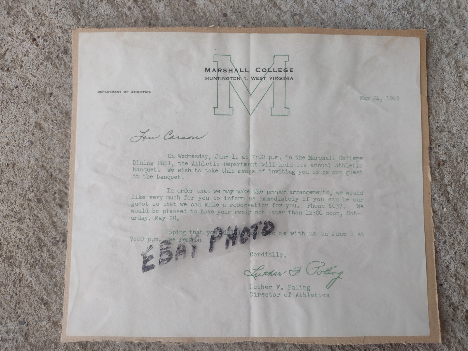 1949 MARSHALL UNIVERSITY THUNDERING HERD STATIONARY - FOOTBALL SPORTS BANQUET