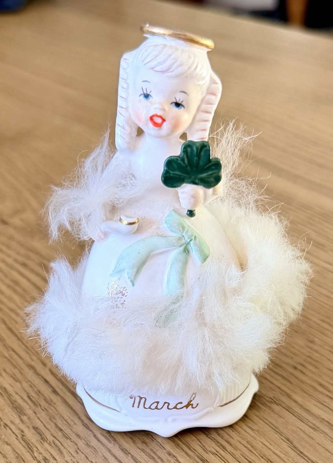 Vintage 1950s Napco March Birthday Angel Figurine Spaghetti Trim Green Shamrock Vintage 1950s Napco March Birthday Angel Figurine Spaghetti Trim Green Shamrock