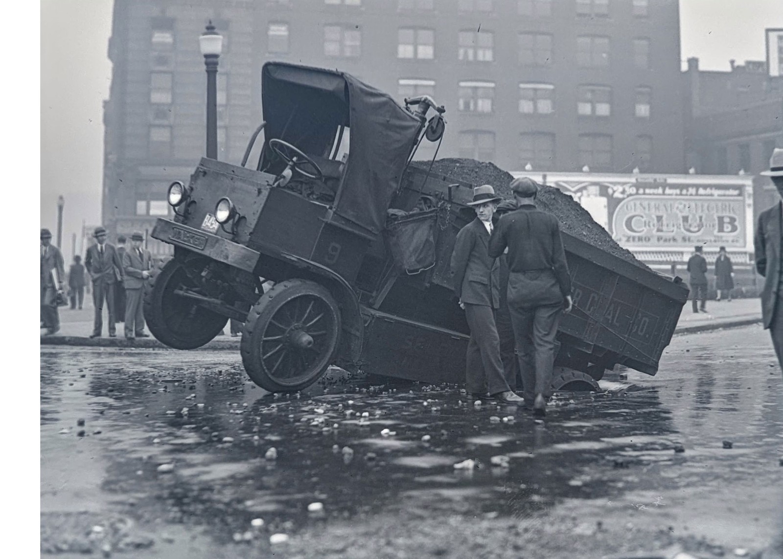 1929 Boston Walker Electric Coal Truck Sinkhole Street Crash Glass Negative OOAK