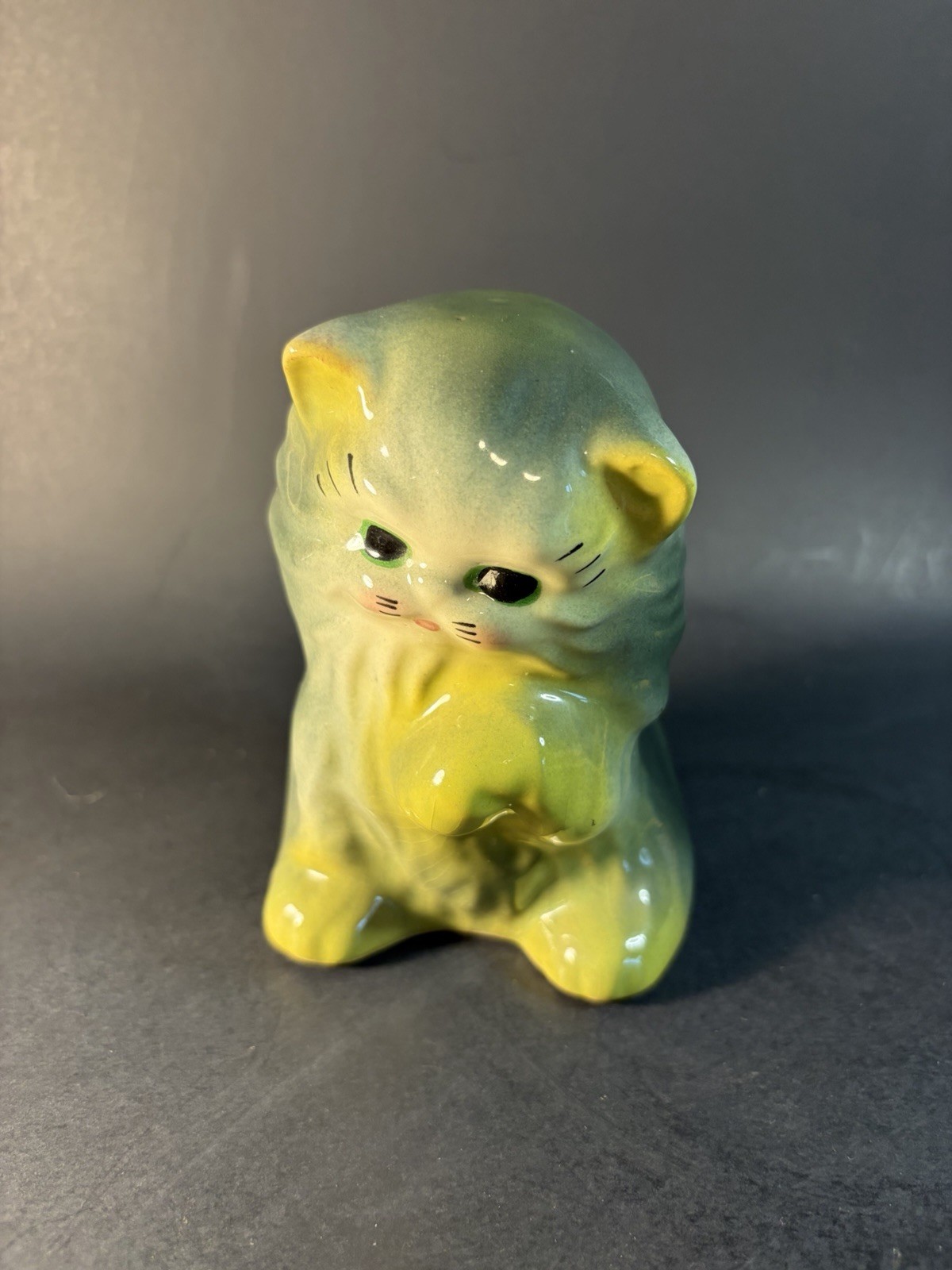 Vintage Kitsch Kitten With Raised Paw Green Eyes Retro Cat MCM Planter
