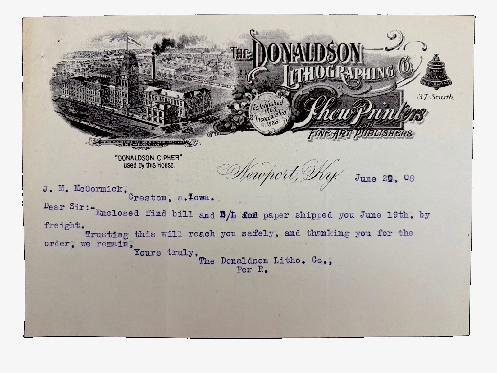Antique 1908 Donaldson Lithographing Letterhead Newport KY Bill Lading Paper