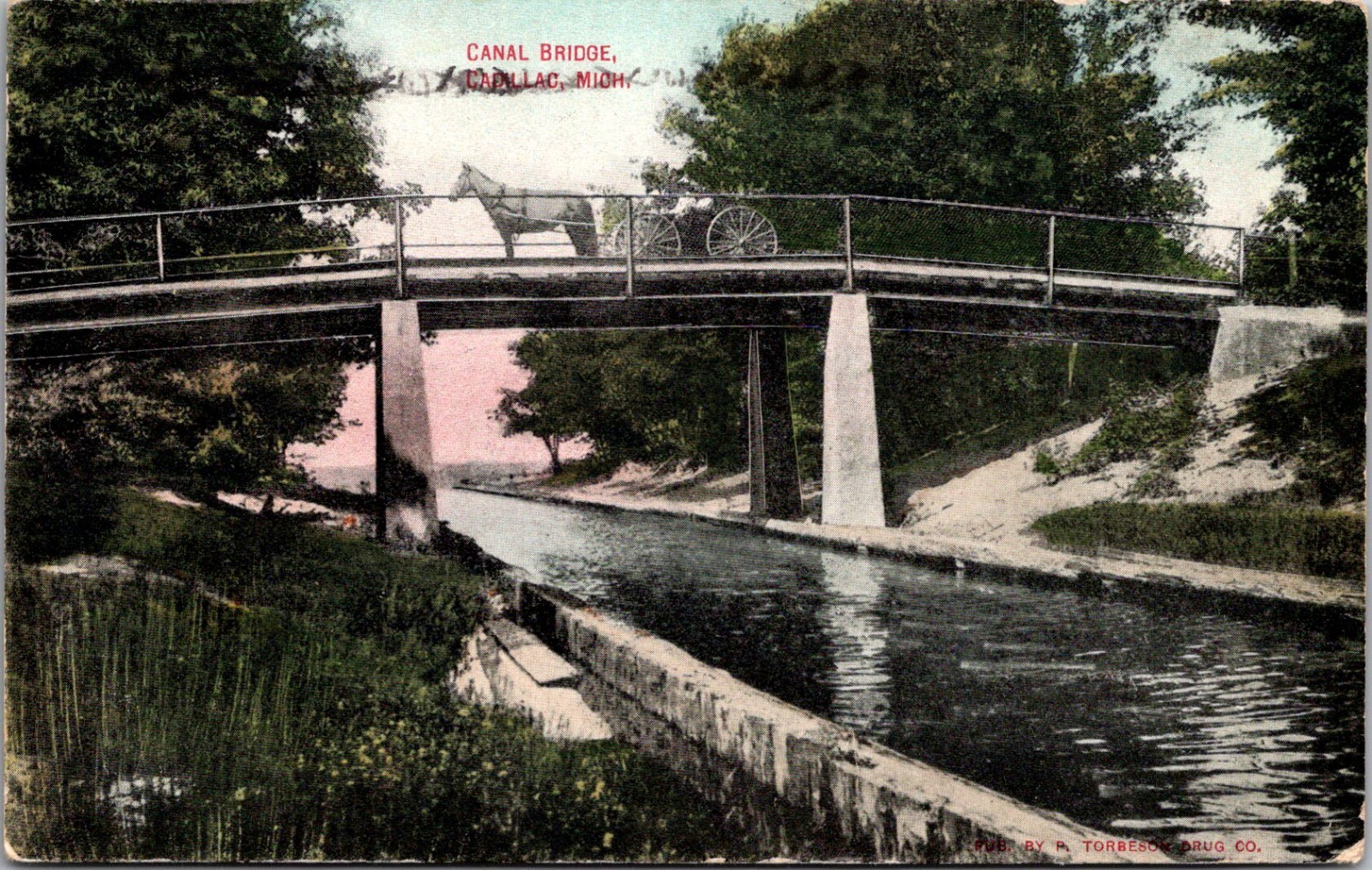 Canal Bridge in Cadillac MI 1909 Vintage Postcard TP14-3