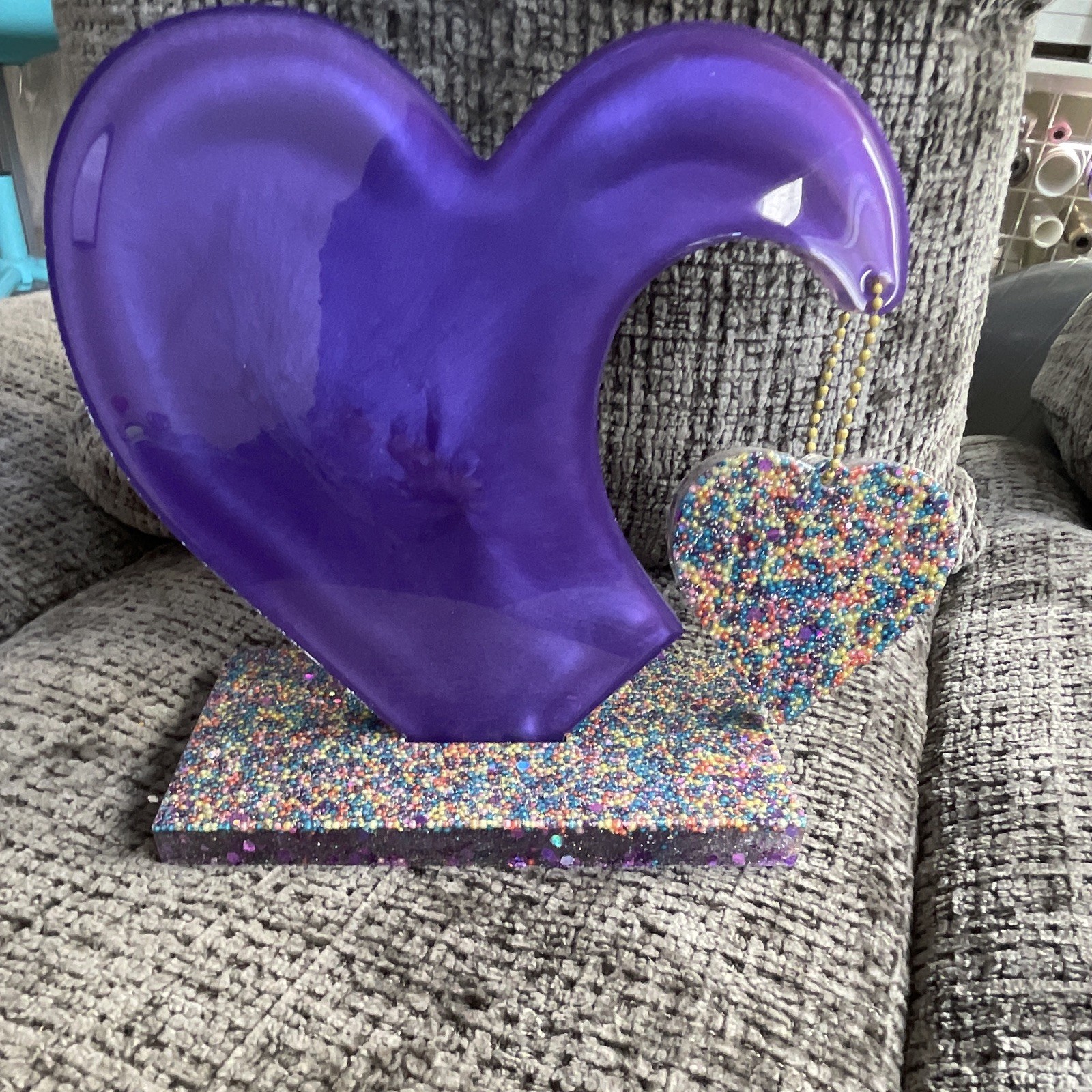 Handmade Resin Hanging Heart /w Sprinkles In Base And Little Heart Handmade Resin Hanging Heart /w Sprinkles In Base And Little Heart