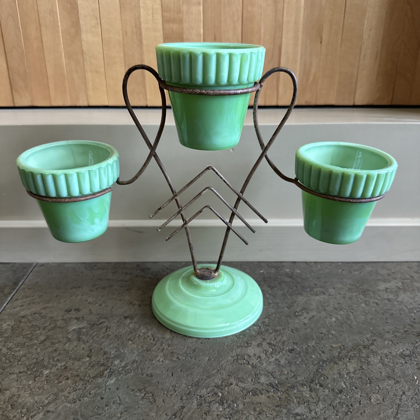 Antique Green Akro Agate Wire Metal Planter Holder W/3 Vase Planters