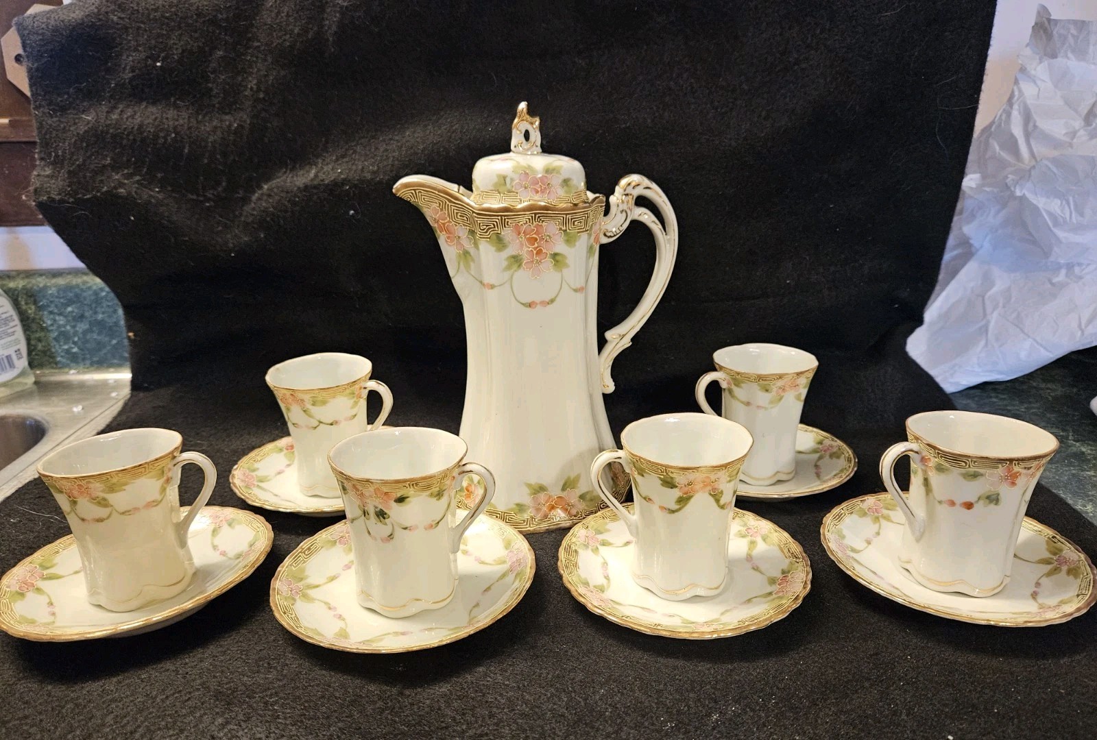 Antique Nippon Chocolate Pot Set 13pc Rising Sun Hand Painted Gold Moriage...