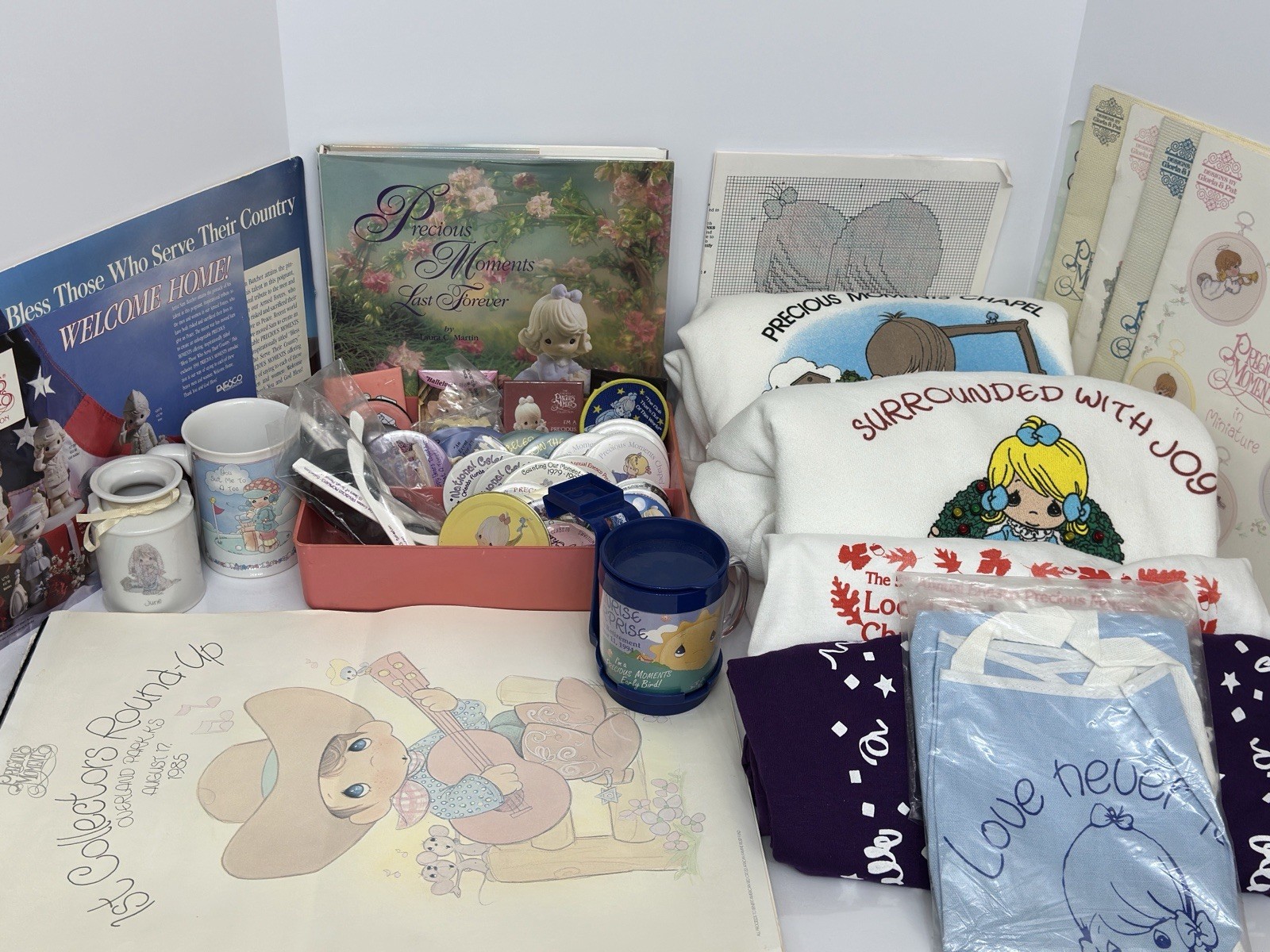 Vtg Precious Moments Massive Collector Lot Club Pins Prints Sweatshirts T-Shirts