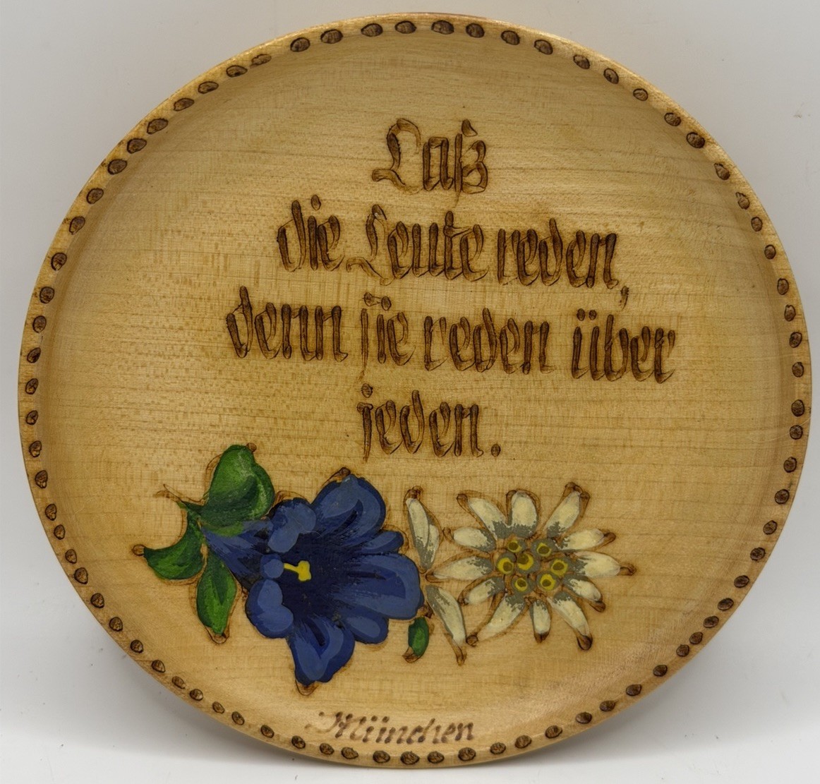 Vintage Munich Germany Wood Wall Plaque German Saying Hand Painted Flowers