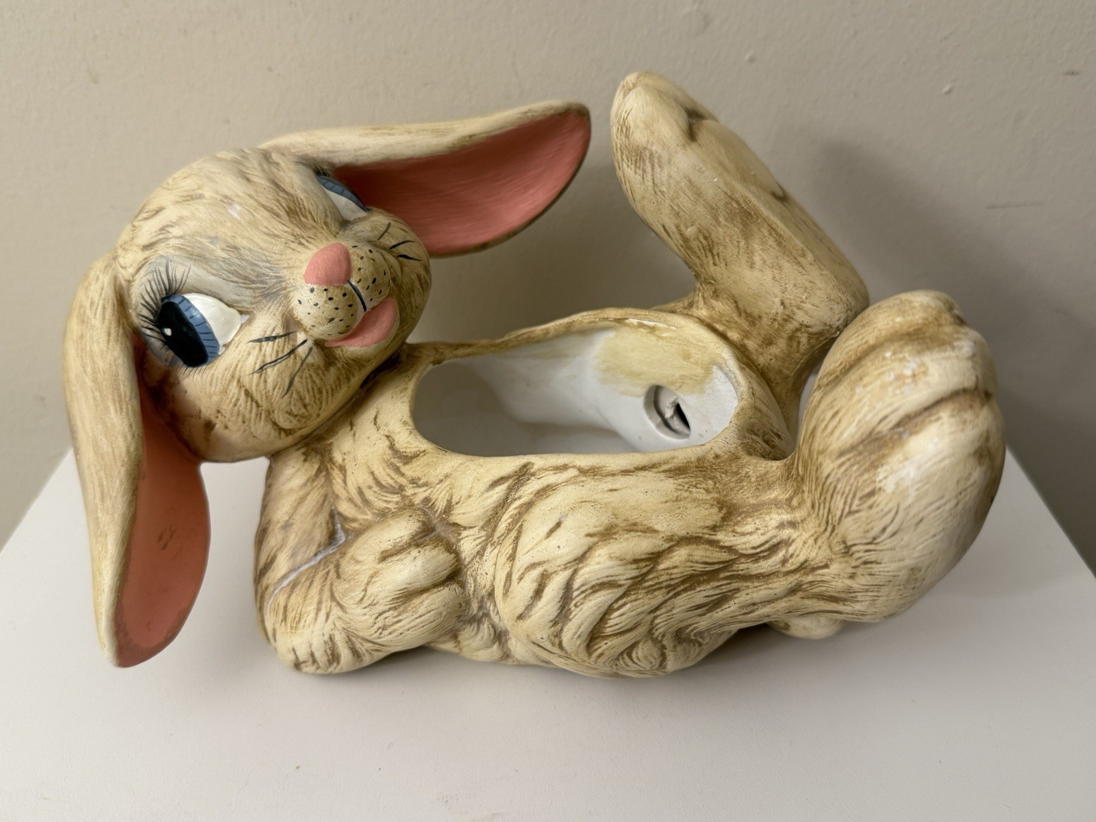 Cute VTG Ceramic Bunny Rabbit Laying Down Planter Hand Painted Big Eyes Easter