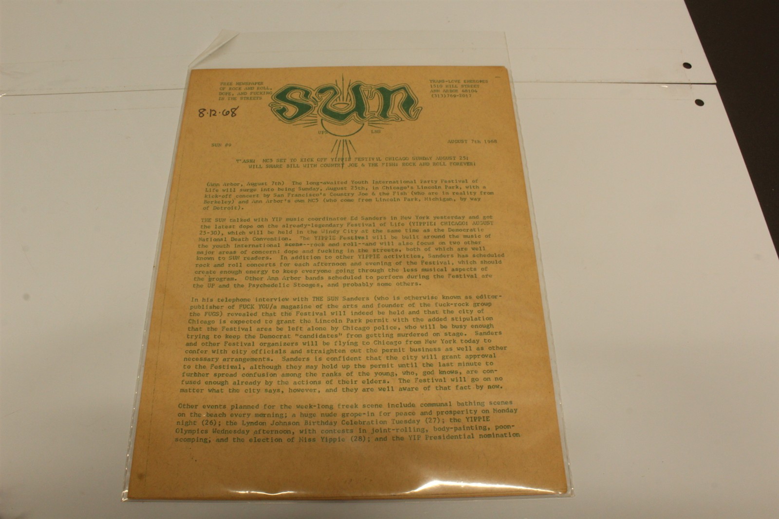 VTG 1968 Sun Bulletin MC5 / John Sinclair #9 Trans-Love Energies