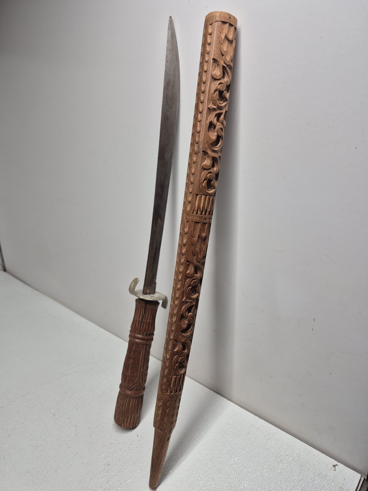 Vintage Thai Dha Sword Hand Carved Wood Scabbard Machete Burmese