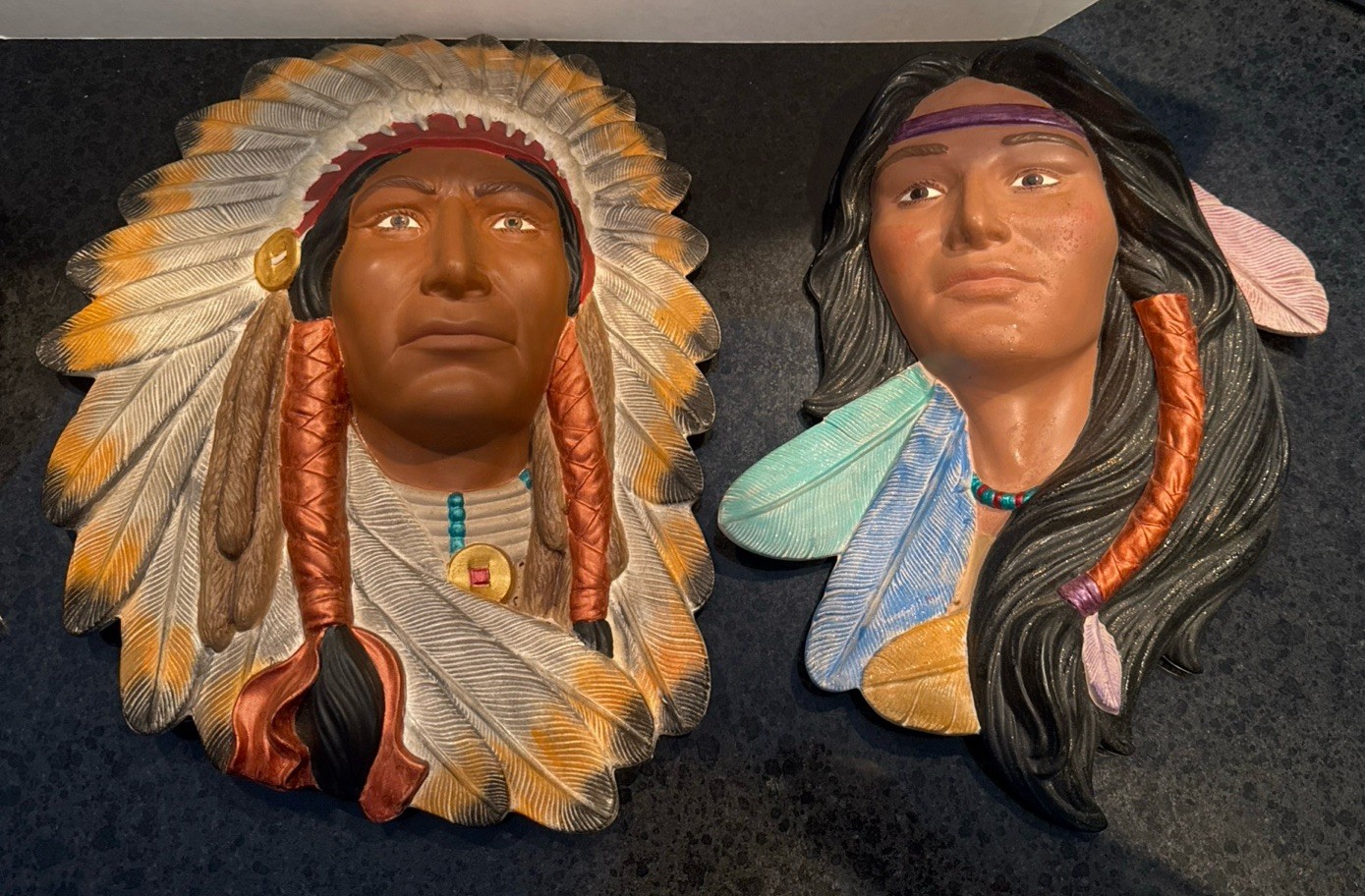 Vintage Native American Indian Wall Plaque Set Ceramic Art Hand Painted Chief Vintage Native American Indian Wall Plaque Set Ceramic Art Hand Painted Chief