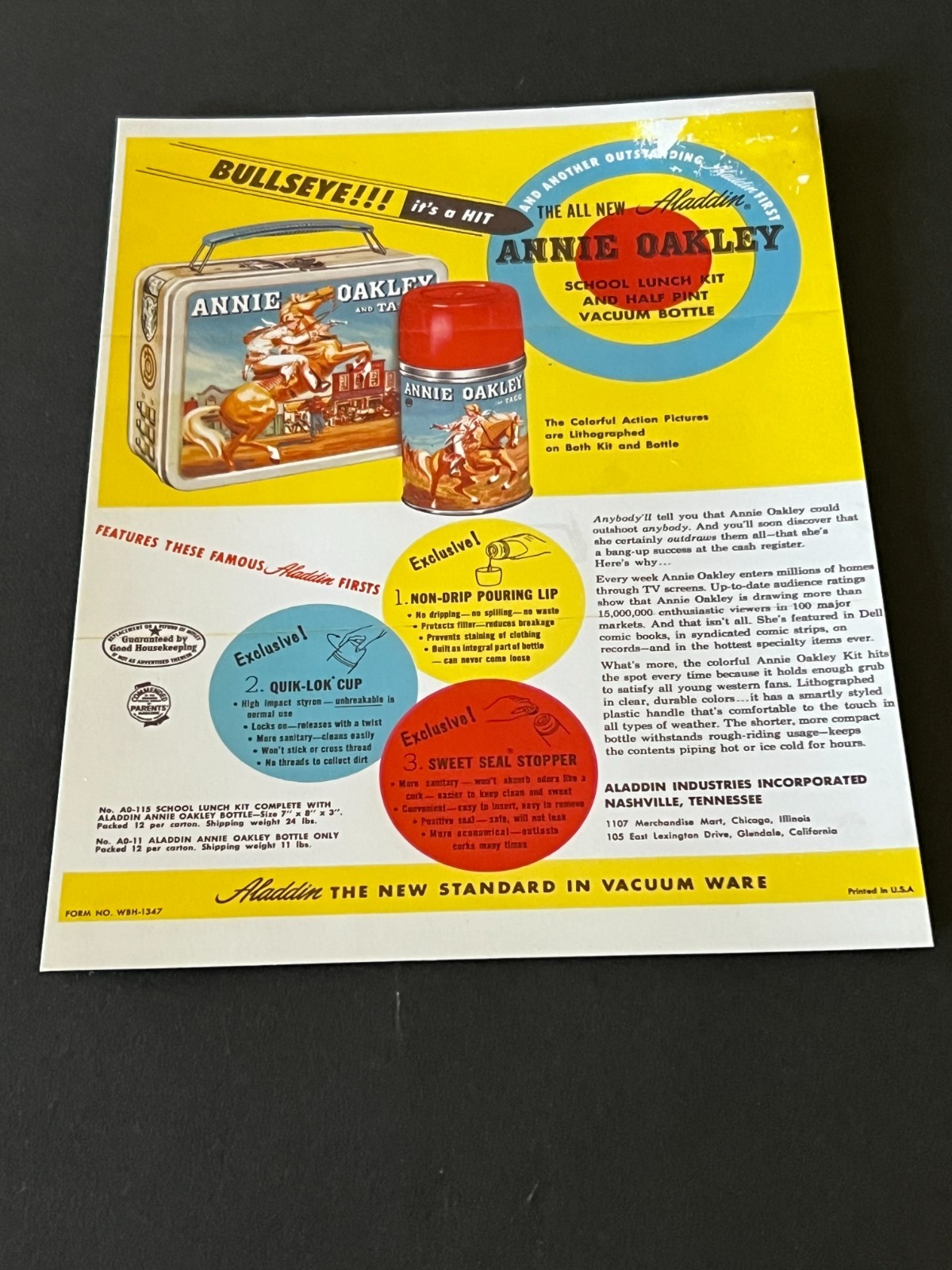 1955 Aladdin Annie Oakley School Luch Kit In store Display Sign--great  cond.