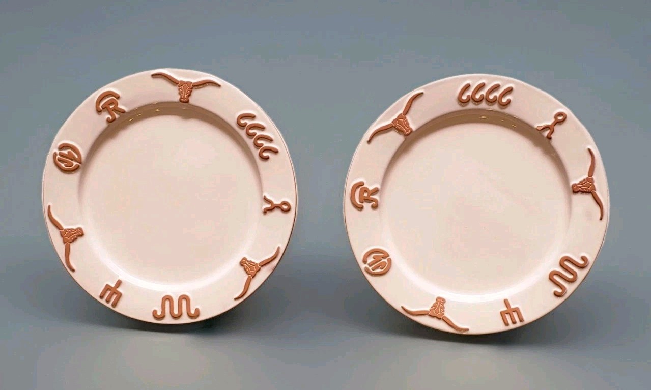 Vintage Frankcoma Pottery Bone White Ranch Longhorn Salad Plates 7.5 Inches