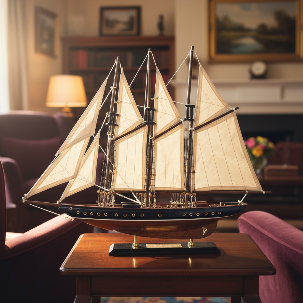24-Inch Wooden Sailboat Model with Antique Blue and Walnut Finish for Decor