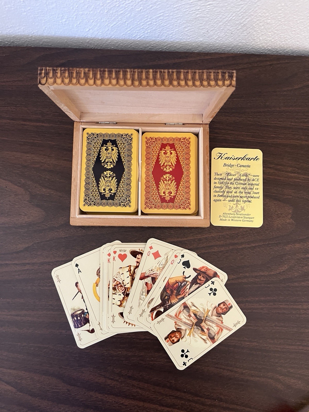 VTG Kaiserkarte Playing Cards Bridge Canasta West Germany Pyrographed Box 1975 VTG Kaiserkarte Playing Cards Bridge Canasta West Germany Pyrographed Box 1975