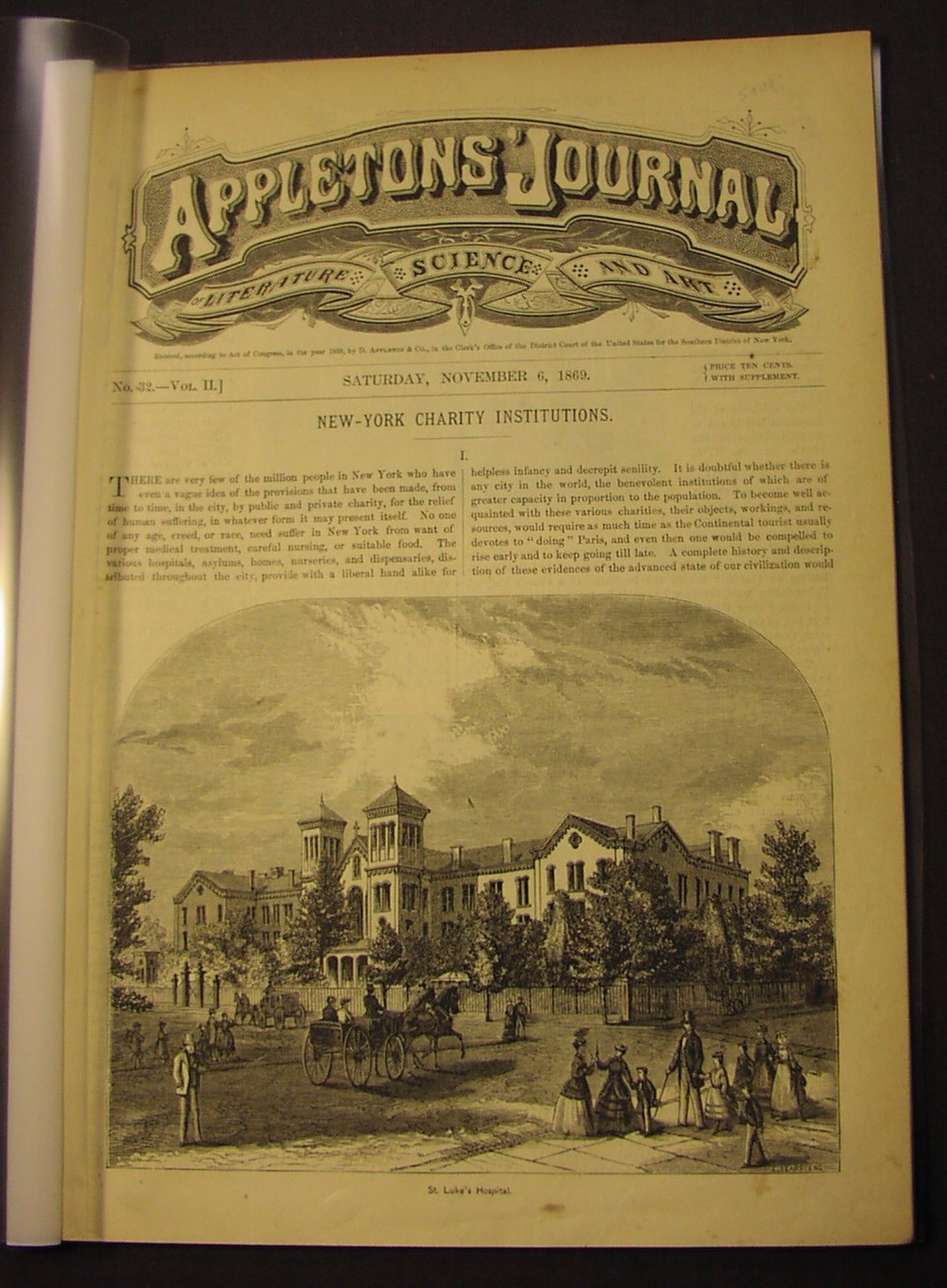 1869 - NEW YORK CITY HOSPITALS, asylums: Sinai; Wards Island; St. Lukes; DICKENS