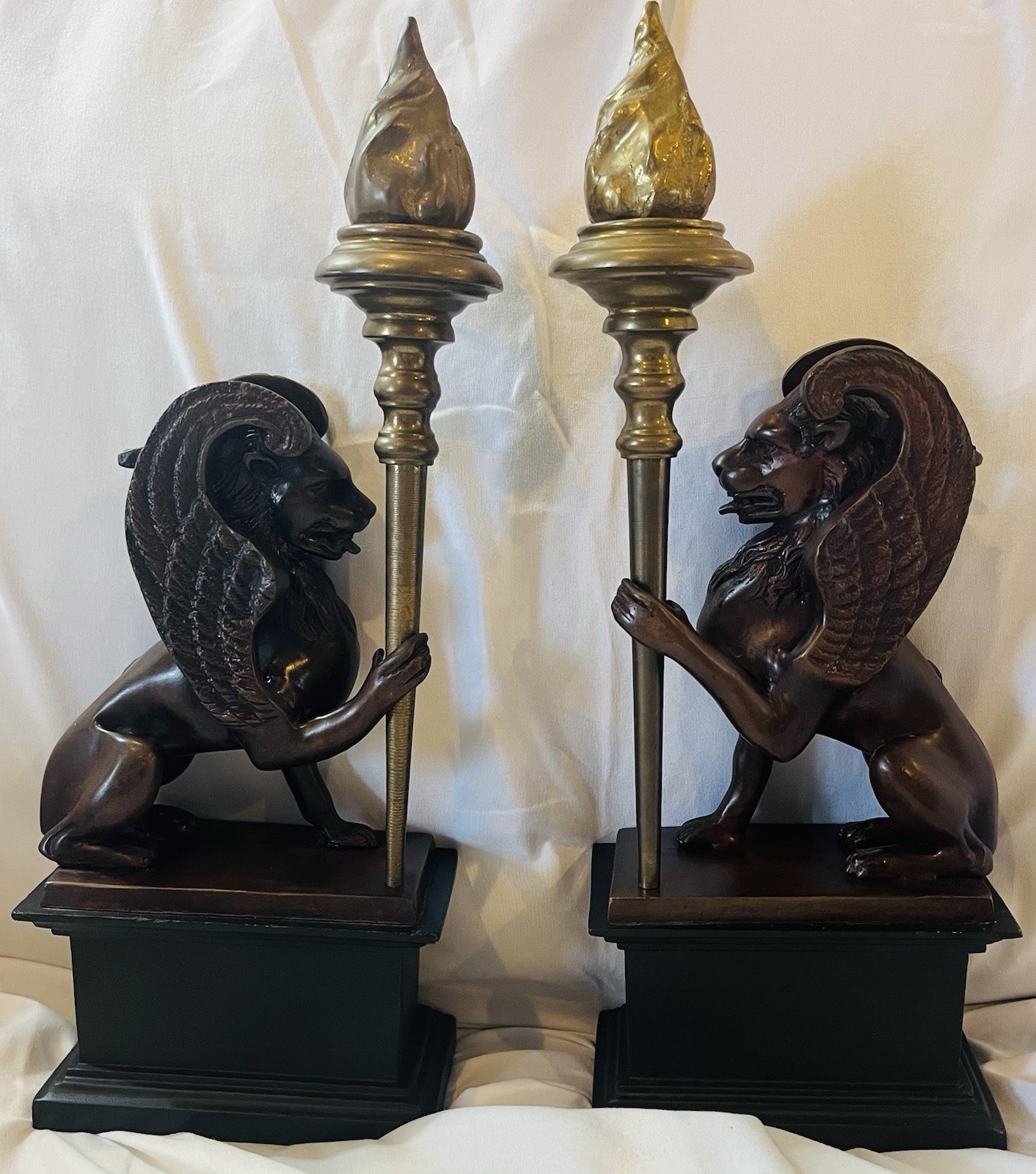 Pair Of Vintage Bronze/Brass Winged Griffin Candle Holders/Bookends on Wood Base Pair Of Vintage Bronze/Brass Winged Griffin Candle Holders/Bookends on Wood Base