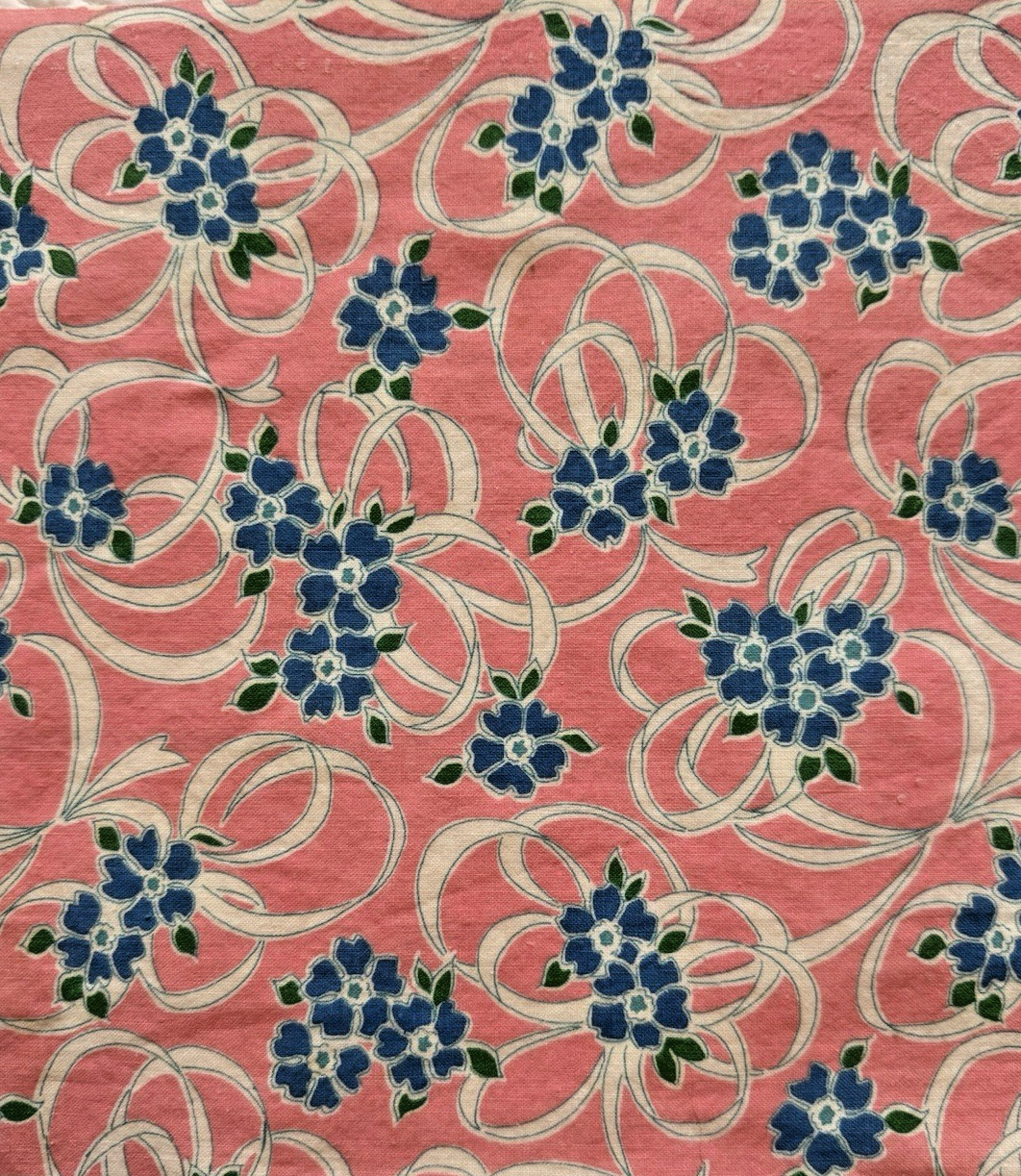 Vintage 1930's-40's feedsack fabric blue flowers on pink background 9x10