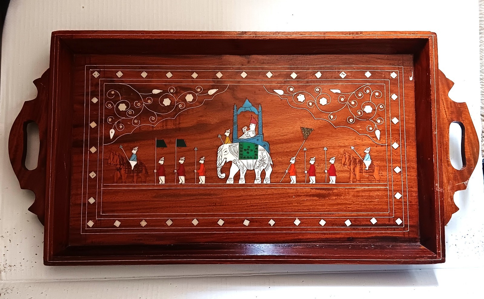VINTAGE LARGE ANGLO INDIAN ROSEWOOD INLAID PROCESSION TRAY INDIA