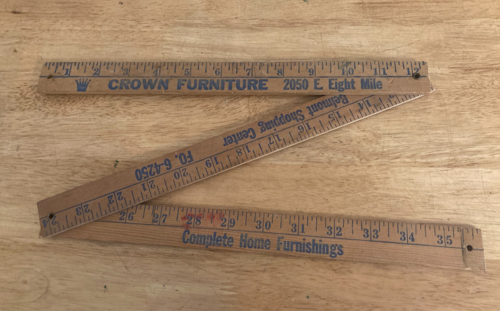 Vintage Detroit CROWN FURNITURE Tri-Fold Wooden Yard Stick with Eight Mile