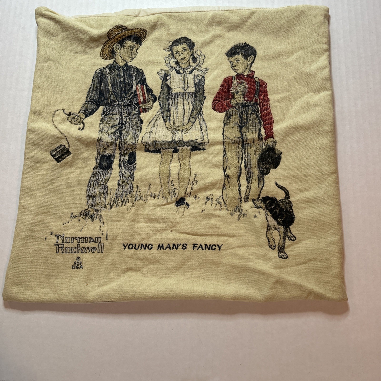 Vintage Norman Rockwell Pillow 2 Boys 1 Girl 1 Dog Young Man's Fancy