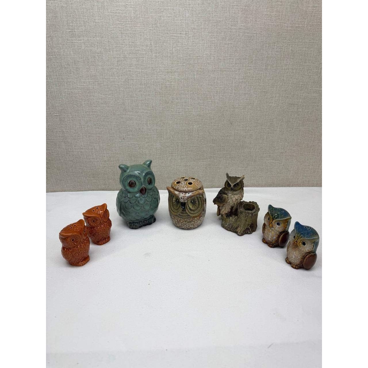 Vintage Owl Figurine Lot Ceramic Salt Pepper Shakers Teal Decor 7pc Set