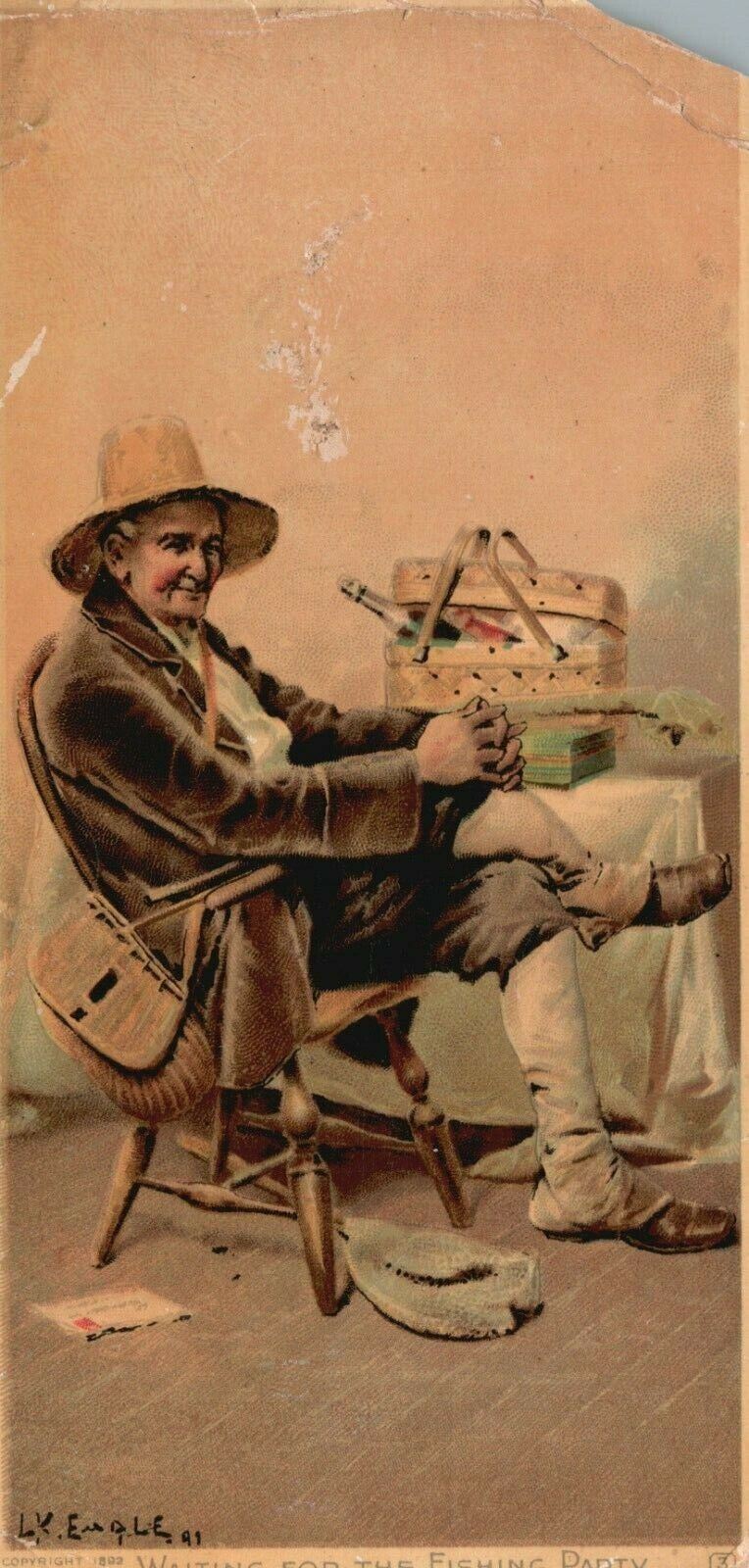 1880s-90s Waiting for the Fishing Party Older Man Waiting to go Fish Trade Card 1880s-90s Waiting for the Fishing Party Older Man Waiting to go Fish Trade Card