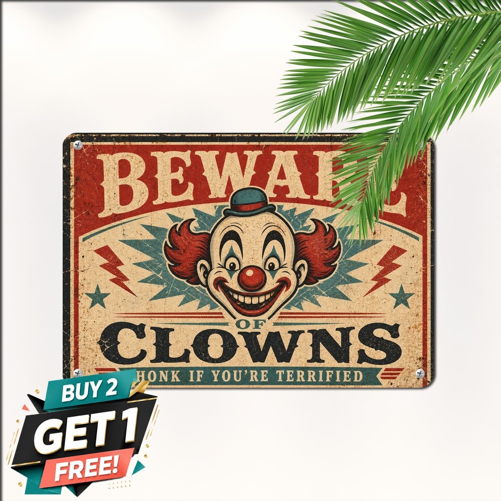 Beware Funny Circus Clowns Humorous Room Decor Metal Tin Sign 8x12
