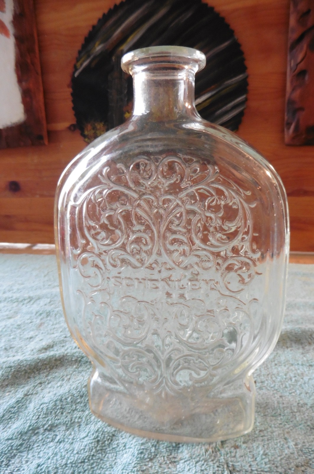 VTG Schenley Clear Embossed Glass Oval Shaped Bottle/Decanter NO Stopper 9
