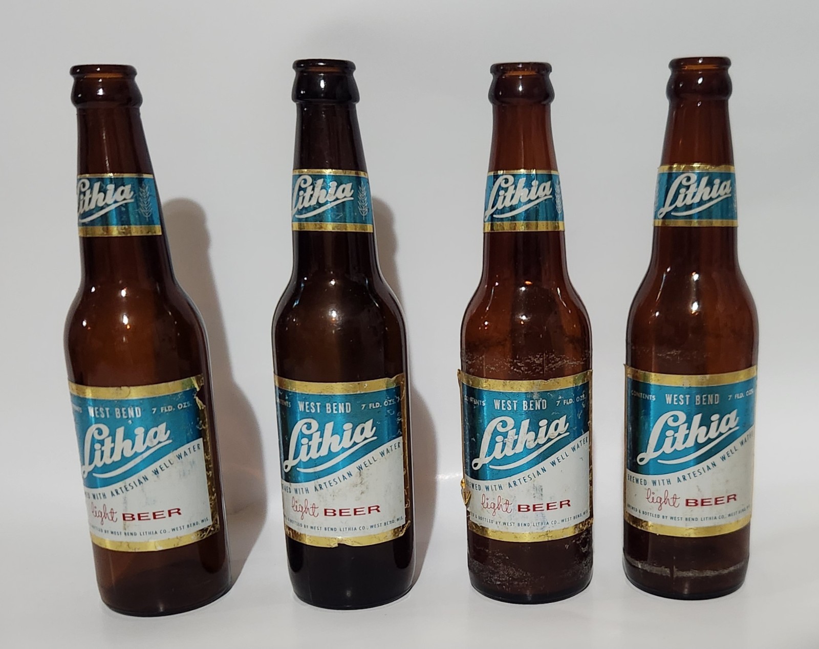 (4) Vintage WEST BEND LITHIA LIGHT BEER 12oz Beer Bottle WEST BEND, WI
