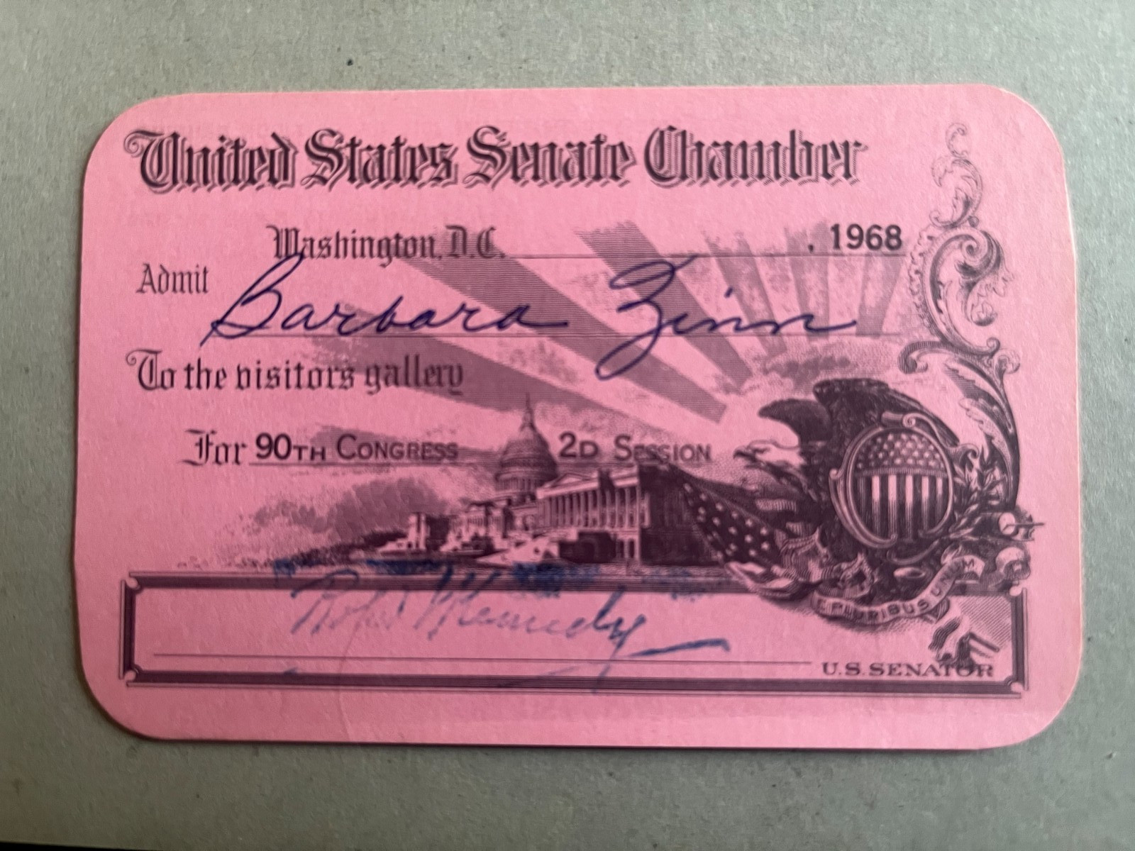 ROBERT F. KENNEDY Senate Visitor's Pass from 1968 RFK