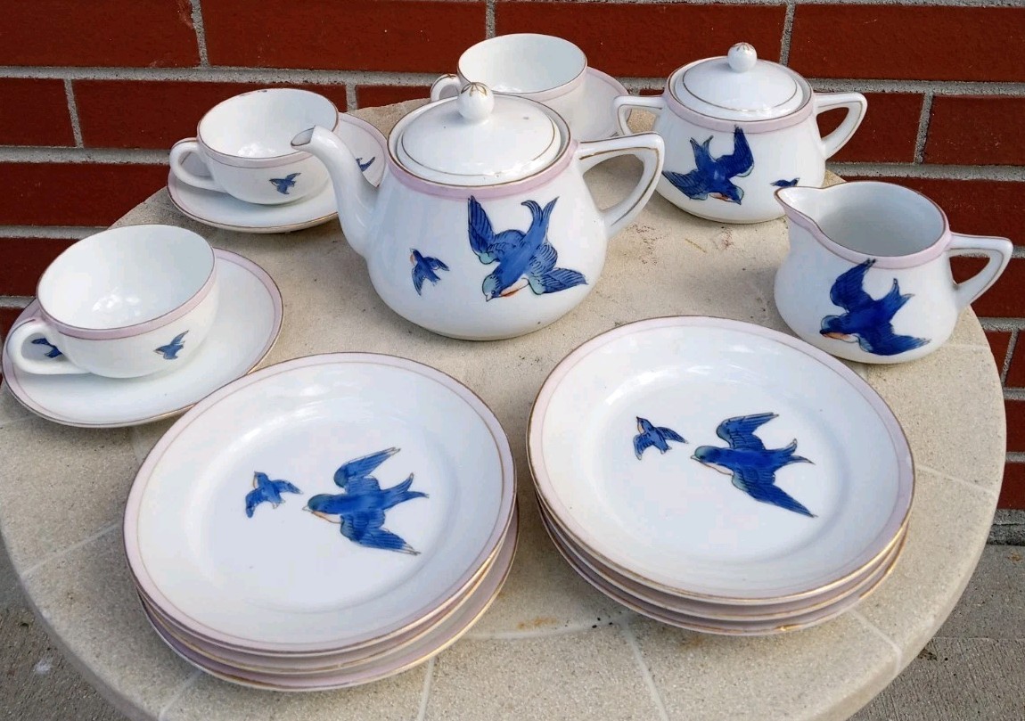 Hand Painted Nippon Children\'s Dishes Blue Bird Miniature Tea Set 17 PIECE LOT