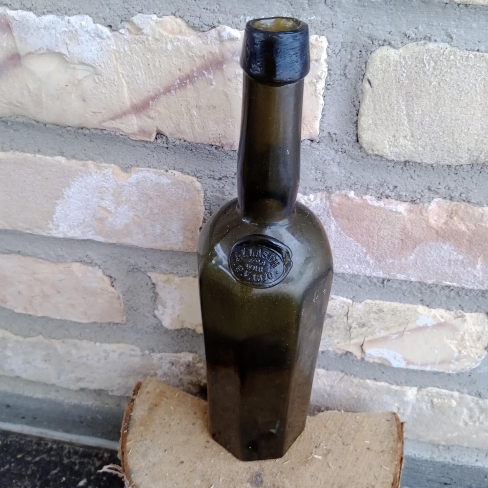 Vintage 1870s antique bottle, Allasch 1/20 WDR Olive green authentic