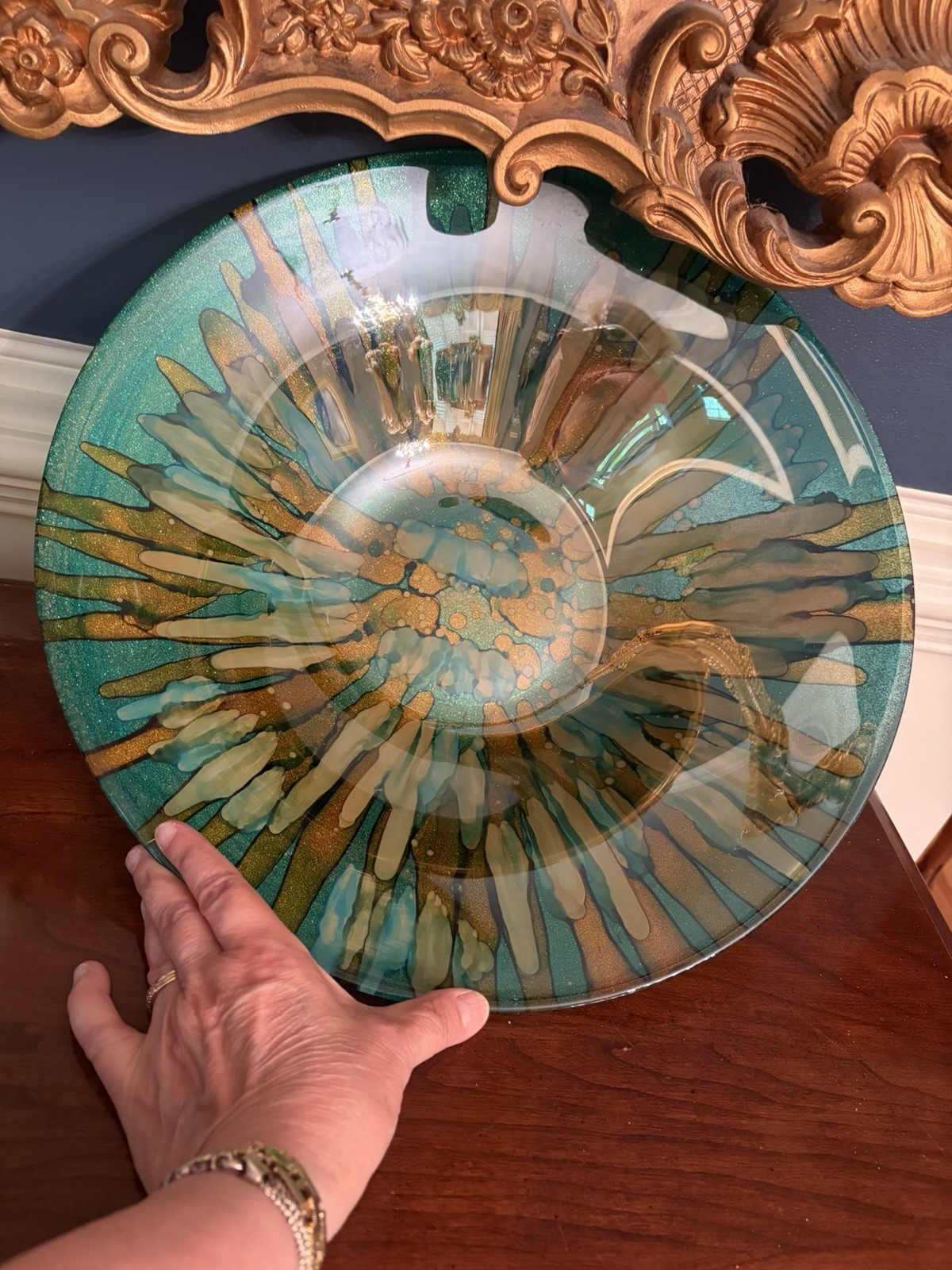 Mid-Century Modern Art Glass Large Bowl; Turquoise and Gold; Exquisite Mid-Century Modern Art Glass Large Bowl; Turquoise and Gold; Exquisite