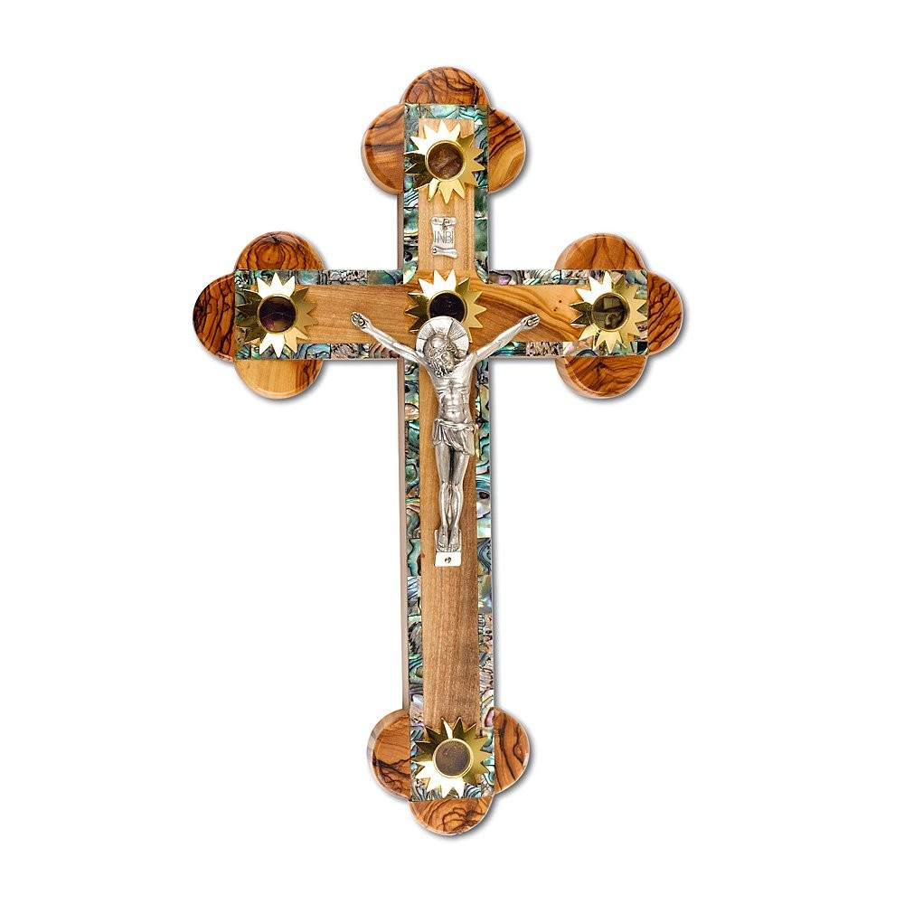 Charming Mother of Pearl Plated 14 Stations Wall Wood Cross Crucifix with Holy
