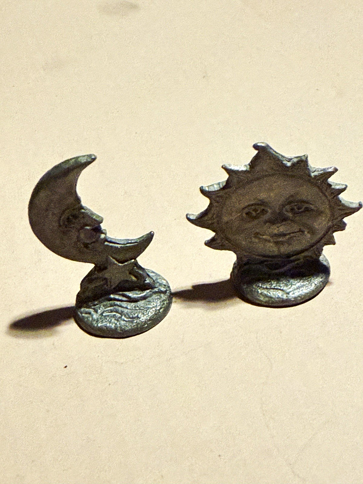 Silver Pewter Small Sun & Moon Face Figurines Set of 2 Celestial Decor