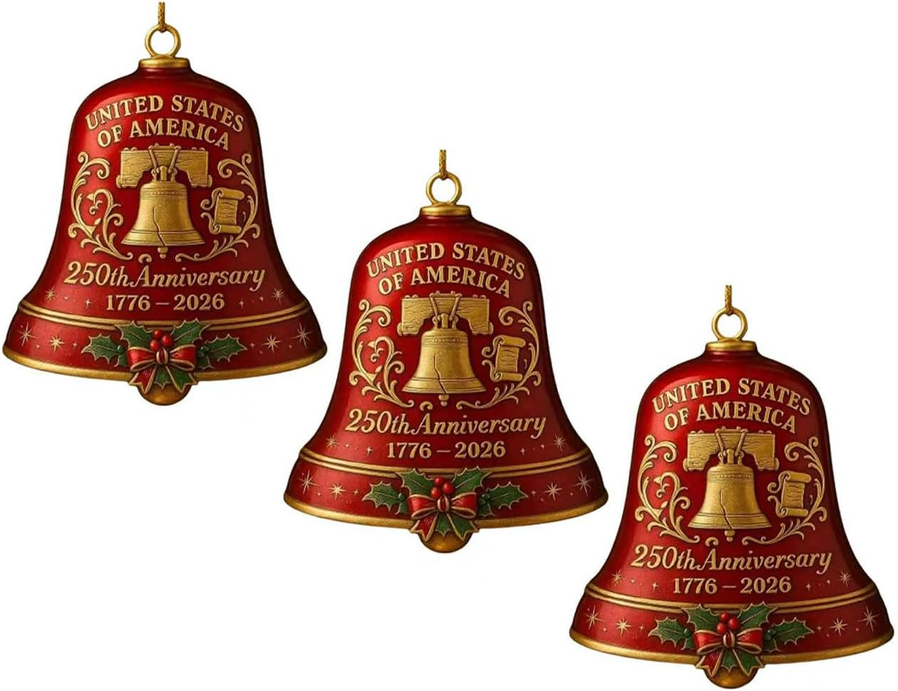3PC Metal 250Th Anniversary USA Bell Ornament for 4Th of July Decorations, 3D 3PC Metal 250Th Anniversary USA Bell Ornament for 4Th of July Decorations, 3D