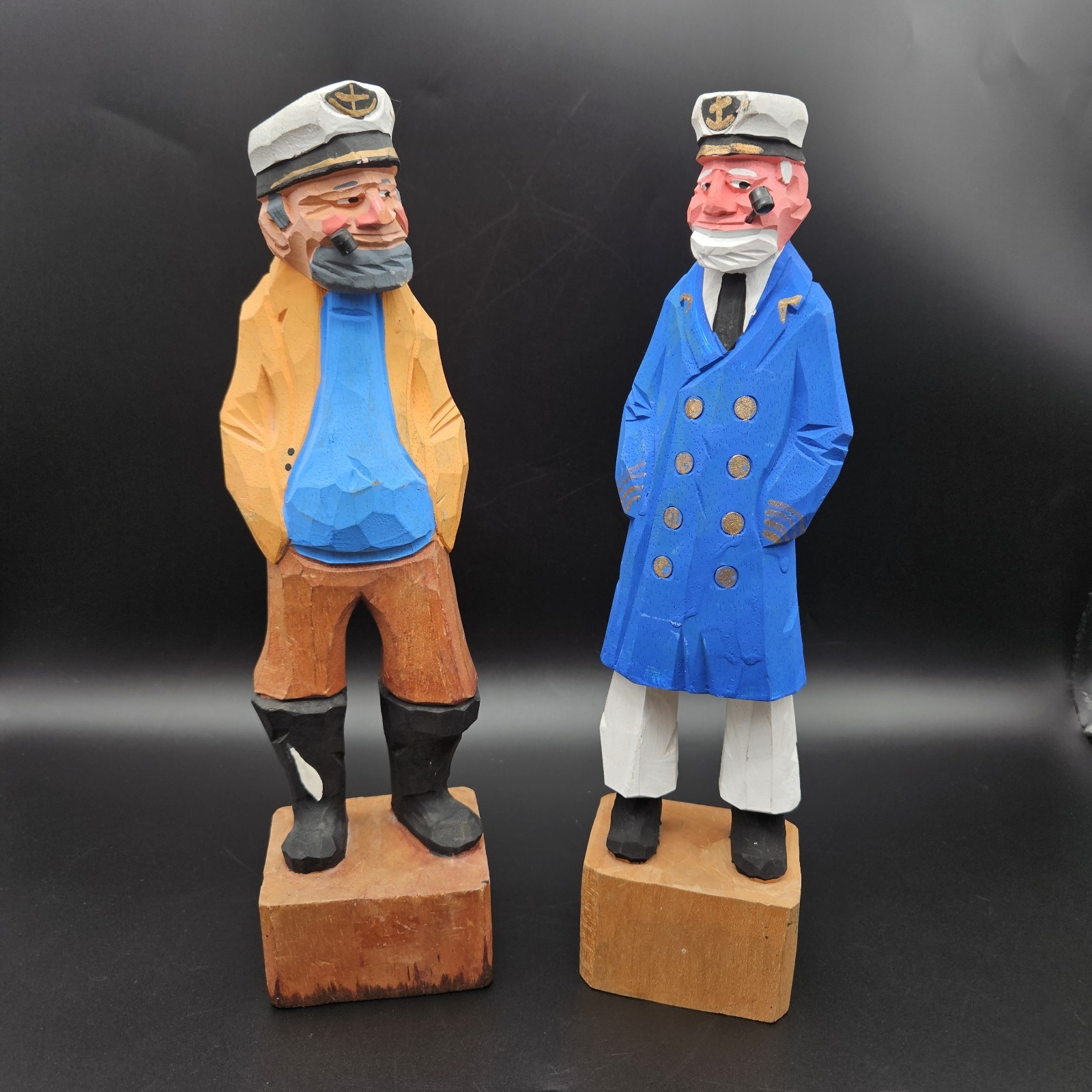 2 VTG Hand Carved Wooden Sea Captain & Fisherman Nautical Figurines Folk Art 12