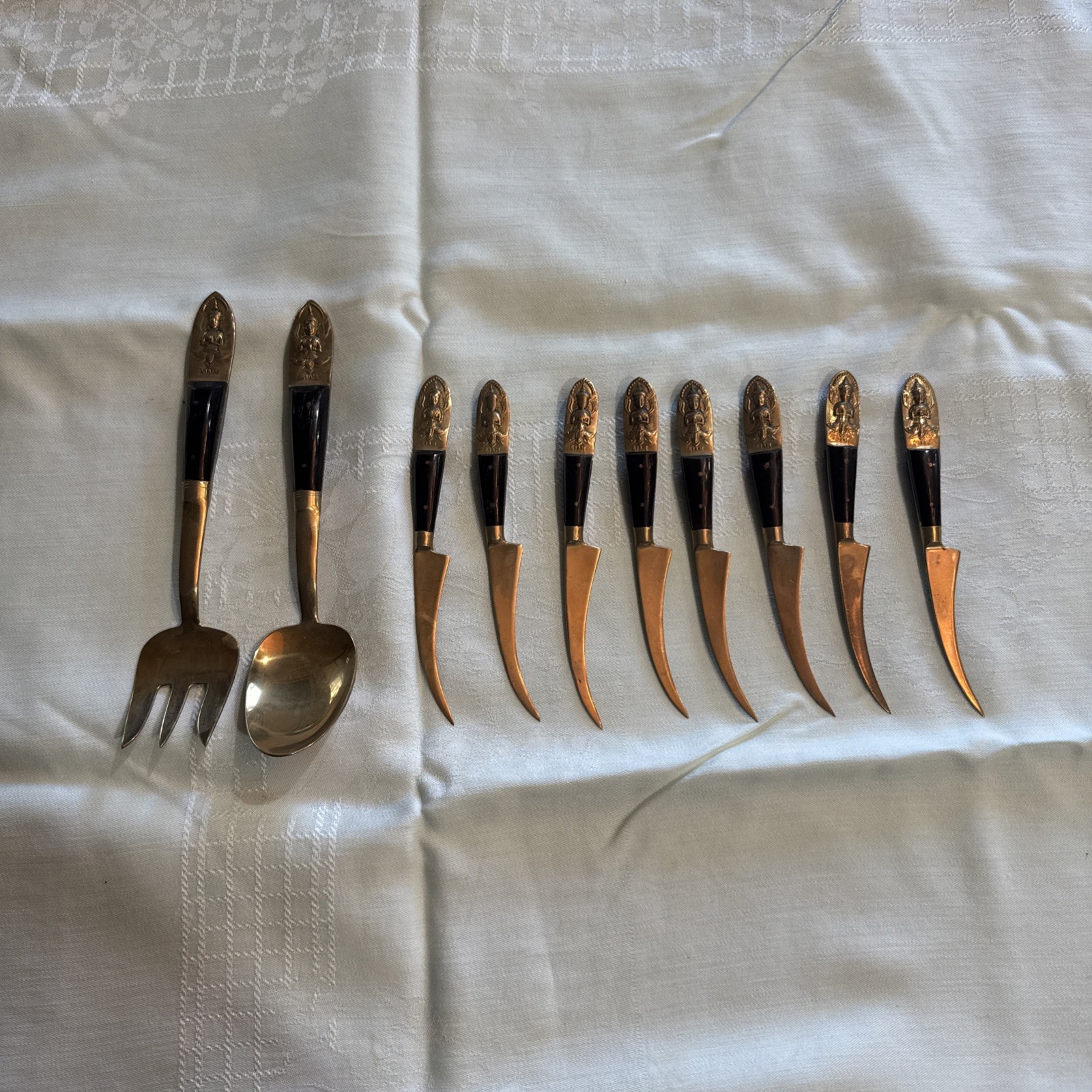 Vintage Thailand Siam Bronze and Wood Ware Flatware Buddah Pattern Set of 10 Vintage Thailand Siam Bronze and Wood Ware Flatware Buddah Pattern Set of 10