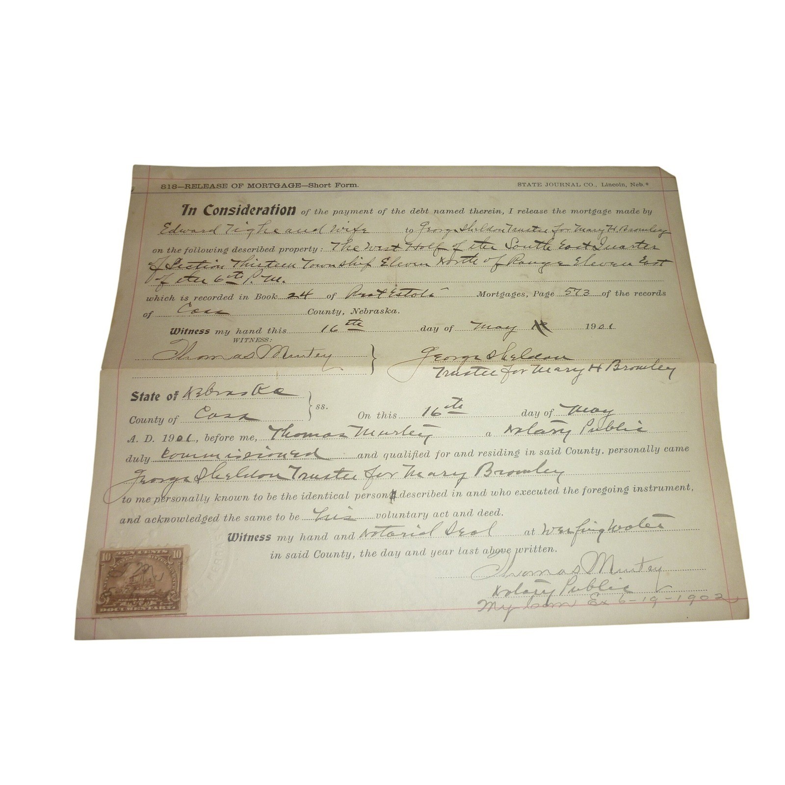 1901 Weeping Water NE Mortgage Release Signed George Sheldon Governor Cancel