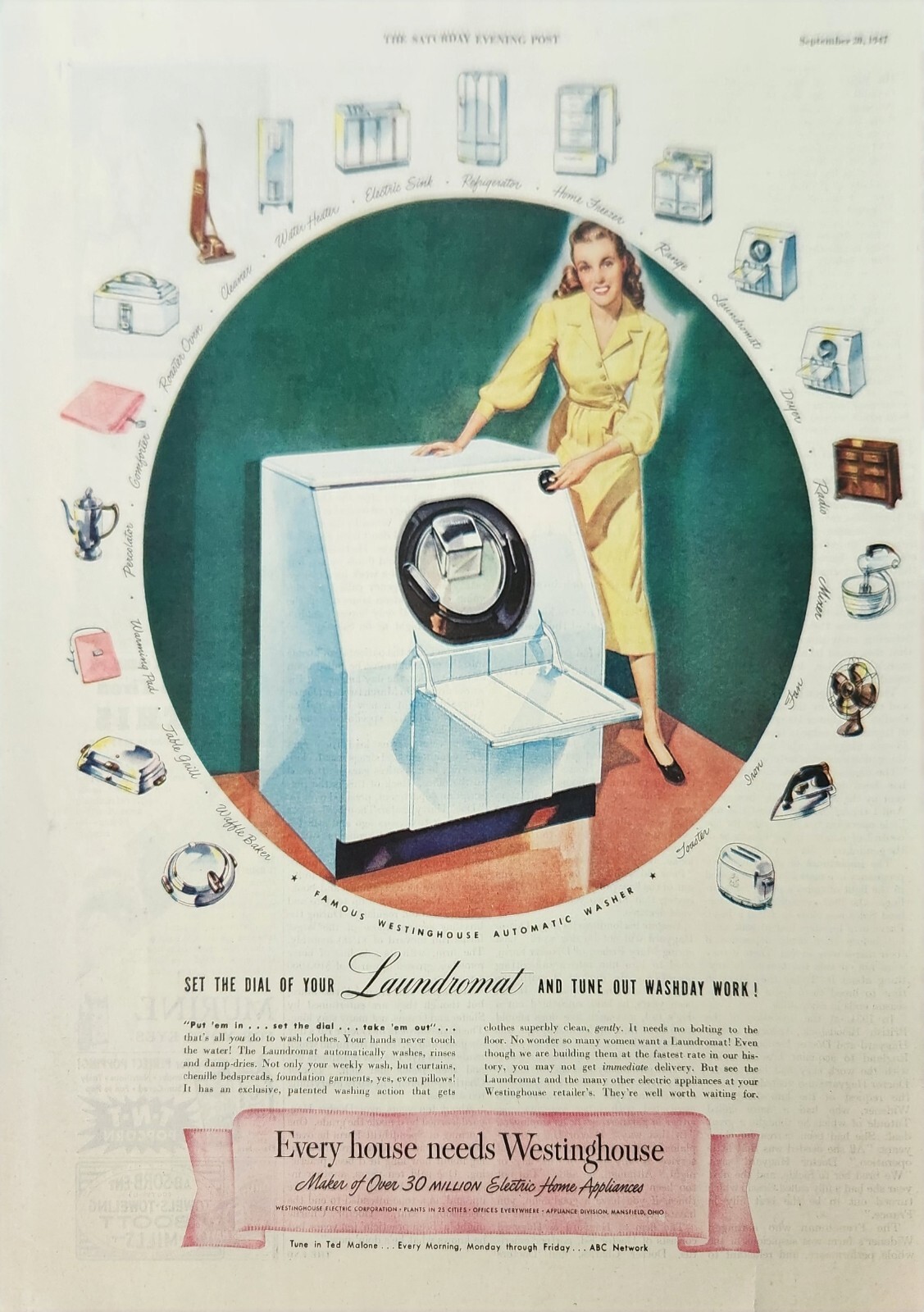 1947 Westinghouse electric home appliances Vintage Ad Laundromat and tune out
