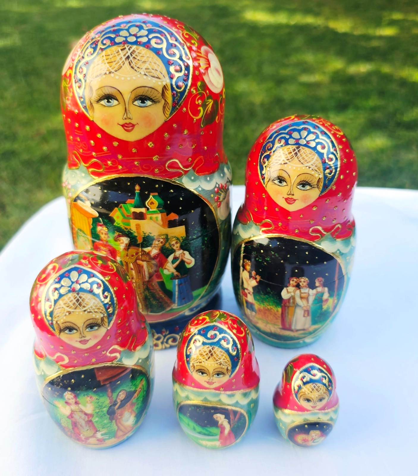 Vintage Russian Matryoshka Hand Painted of Russian Fairy Tales, Signed Vintage Russian Matryoshka Hand Painted of Russian Fairy Tales, Signed