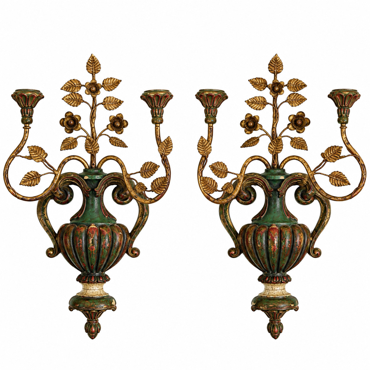 Pair Vintage Palladio Italian Tole Urn Wall Sconces Gilt Roses Candle 1974 Labe