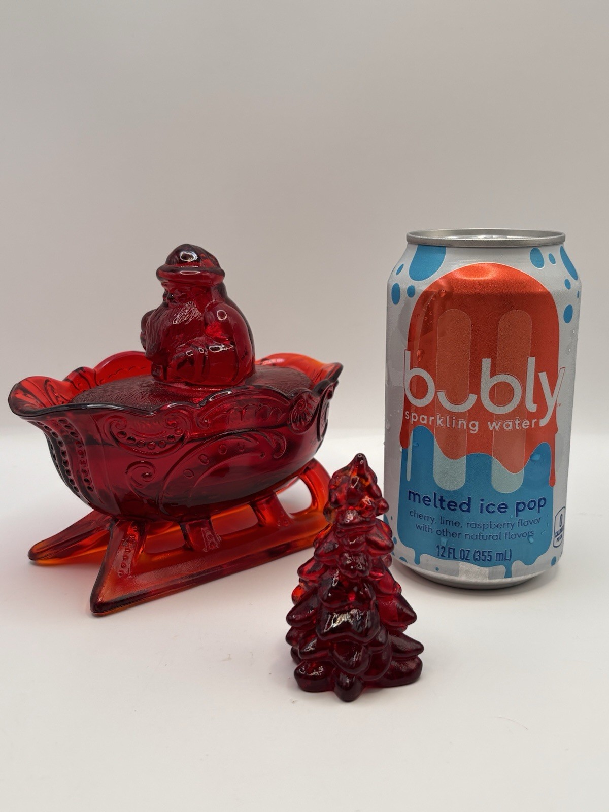 Vintage Mosser Glass Ruby Red Amberina Santa Sleigh Candy Dish Mini Tree Set 