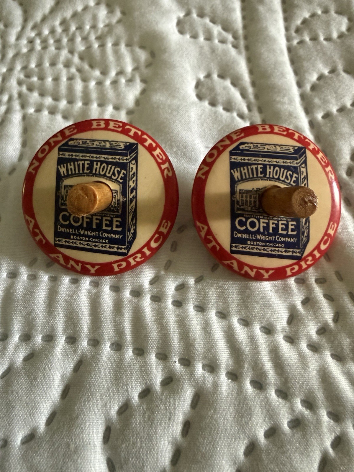 Antique White House Coffee Advertising Tops Early 20th Century Lot of 2 Antique White House Coffee Advertising Tops Early 20th Century Lot of 2